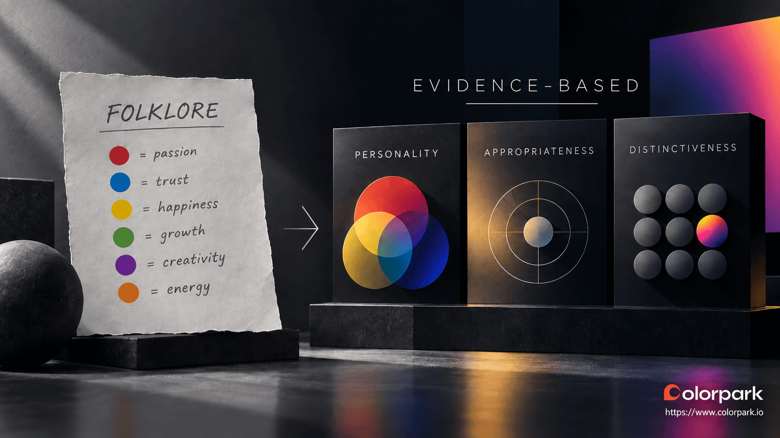Editorial infographic showing the shift from color psychology folklore to evidence-based branding, highlighting personality, appropriateness, and distinctiveness.