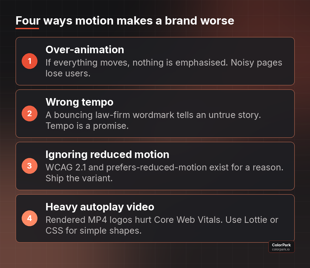 Four ways motion hurts a brand: over-animation, wrong tempo, ignoring reduced-motion preferences, heavy autoplay video